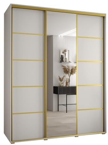 MEBLE KRYSPOL Davos 5 200 Schrank mit DREI Schiebetüren für Schlafzimmer - Moderner Schrank mit Spiegel, Kleiderstange und Regalen - 235,2x200x60 cm - Weiß Weiß Gold
