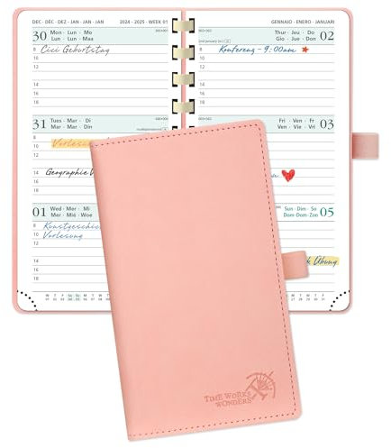 POPRUN Taschenkalender 2025 Klein 16,5 x 9 cm (Aug.2024-Dez.2025) - Kalender 2025 Klein Ringbuch mit Softcover - Terminplaner, Planer 1 Woche 2 Seite mit Kartenschlitz - Rosa