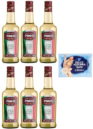 6er-Pack Ponti Weißweinessig, Aceto di Vino Bianco Italiano,100% Italienischer Essig,500ml Glasflasche + 1er-Pack Kostenlos Felce Azzurra Talkumpuder, 100g-Beutel