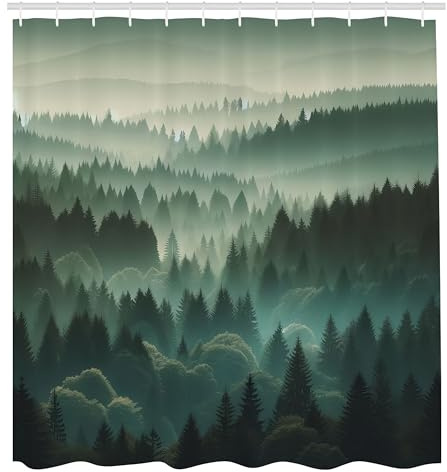 ABAKUHAUS Dunkelgrün Duschvorhang, Nebelige Panorama Wildnatur Berge Wälder dichter Wald Landschaft, Stoffliches Gewebe Badezimmerdekorationsset mit Haken, 175 x 200 cm, Teal Evergreen