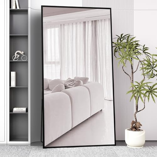 Beauty4U Full Length Mirror 200x100cm Free Standing, Hanging or Leaning, Large Floor Mirror with Black Aluminum Alloy Frame for Living Room or Bedroom