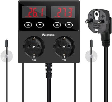 KETOTEK KT99pro Doppio regolatore di temperatura digitale, uscita 10 A, relè, raffreddamento, presa controllata dal termostato, con sensore per sopracciglia rettili, fermentazione, allevamento,