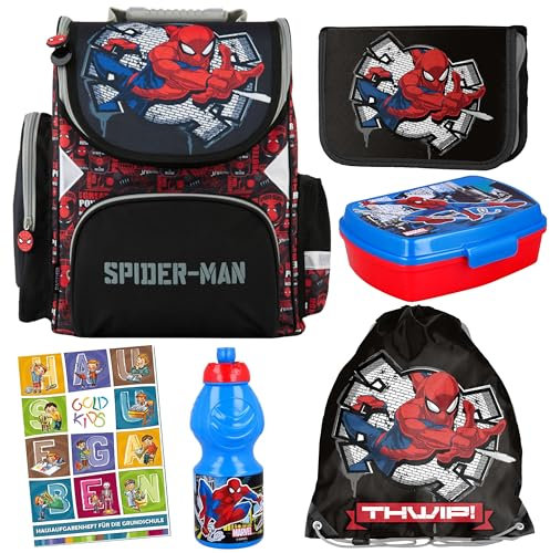 Goldkids - Schulranzen für Jungen und Mädchen - Schul-Rucksack für Kinder mit Federmäppchen - Schuhbeutel und Hausaufgabenheft - Spider-Man Motiv - 1-3 Klasse (6er-Set)
