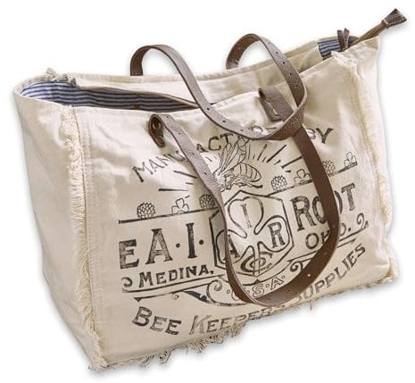 Loberon Tasche Cloe, edler Vintage-Print, reizvoll ausgefranste Abschlüsse, gestreiftes Innenfutter, Baumwolle, Büffelleder, creme/braun