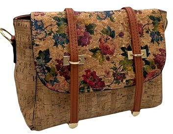 MIGURA Damentasche aus natürlichem, ökologischem Kork, Handytasche, Umhängetasche, Handytasche, veganes Produkt, Naturprodukt, Blumendruck, Doppelverschluss, braun
