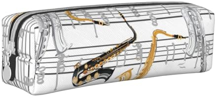 YWSOTRE Musiknoten Saxophone, Bleistifttasche, Federmäppchen, tragbare Bleistifttasche aus Leder mit Reißverschluss, Kosmetiktasche