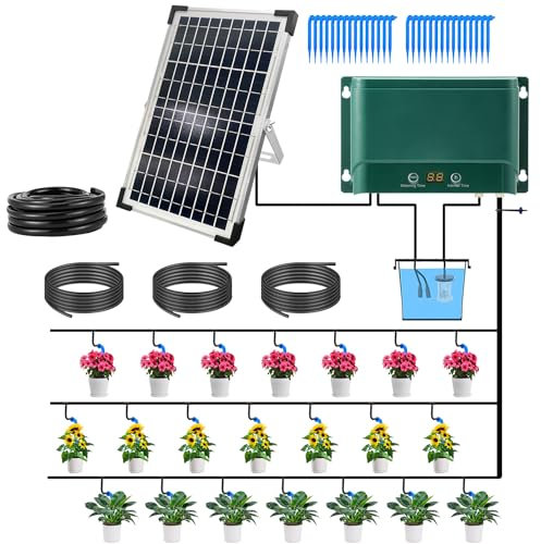 Lewisia Kit di irrigazione a goccia automatica a energia solare da 10 W, sistema di irrigazione automatica ad energia solare, set per giardino, aiuole rialzate, patio, prato, serra, piante in vaso