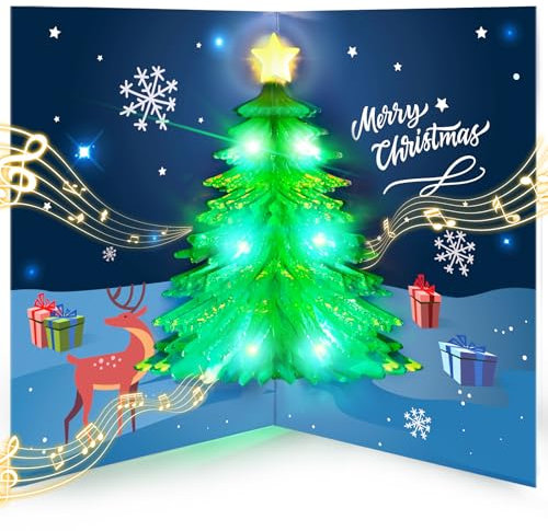 FITMITE Pop Up Karte Weihnachten, Musik und Licht 3D Weihnachtsbaum Karte, Weihnachtskarte Grußkarten Weihnachten Geschenk für Frauen Männer Mama Papa Tochter Freunde Kinder