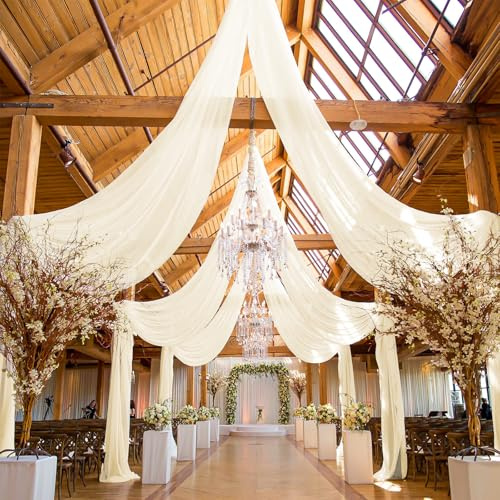 REWOMC 6 Paneele elfenbeinfarbene Deckenvorhänge für Hochzeit, 1,5 x 6,1 m, Decken-Vorhänge, Seihtuch, durchscheinender Stoff, Vorhang, Hochzeitsbogen, Drapierstoff, romantische Deckendekorationen für