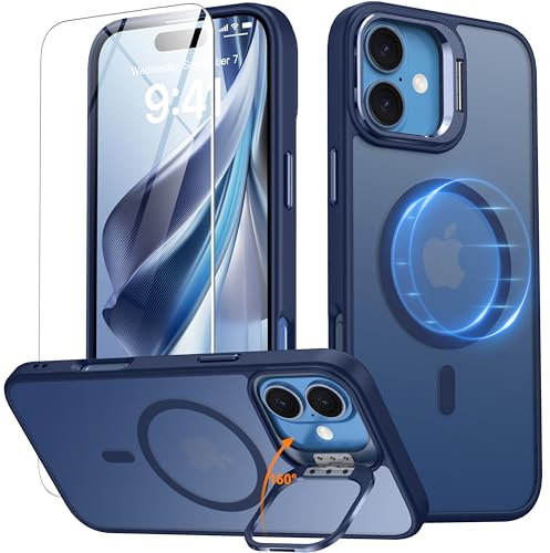 Oterkin Magnetic & Stand for iPhone 16 Plus Case with 9H Screen Protector[Fit for Magsafe][Lens Metal KickStand][Colorful Frame] Translucent Matte Back Shockproof Phone Case for iPhone 16 Plus, Blue