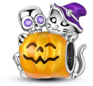 Hapour 925 Sterling Silber Halloween-Charms für Armbänder Halsketten, Totenkopf Skelett Hexe Katze Kürbis Charm-Anhänger Perlen Schmuck Geschenk für Frauen Familie Freunde