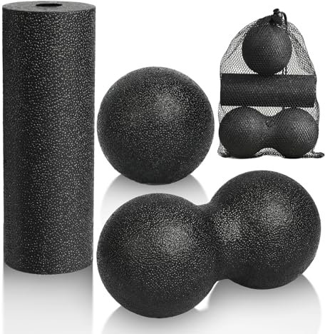 LOPHE Faszienball Set, 3 Stück Massageball und Faszienrolle set, Faszienrolle Klein für Rücke, Erdnuss Faszien Ball für Muskelschmerzen Verspannungen Osteopressur Massager Faszientraining(Schwarz)