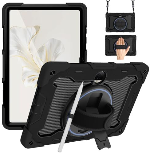 Junfire Hülle Robuste für Honor Pad 9 (12,1 Zoll) 2024, Stoßfeste Schutzhülle mit Drehbarer Ständer, Handschlaufe, Schultergurt und Stifthalter kompatibel mit Honor Pad 9–Schwarz
