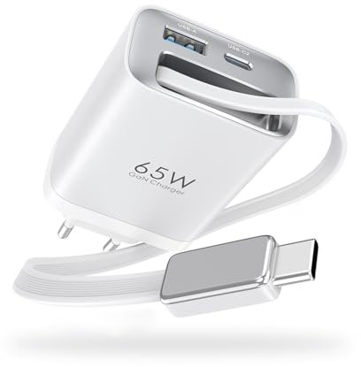 Caricatore da Muro Retrattile 65W con Cavi, Alimentatore a 3Porto, Caricabatterie da 65W con Ricarica Rapida per Macbook/iPhone Serie 16/15/14 Pro Max, per iPad, Tablet, Galaxy e Altro, Bianco