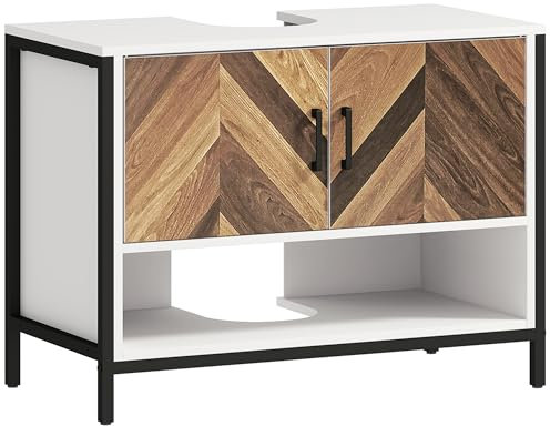 HOMCOM Mueble bajo Lavabo Mueble de Lavabo con Pie Mueble de Baño con 2 Puertas Patrón en Espiga y Compartimento Abierto para Lavabo con Pedestal o con Pie 80x40x60 cm Crema y Nogal