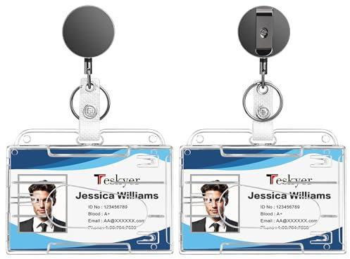 Teskyer 2 Pezzi Porta Badge Retrattili - Rigido, Trasparente, Plastica, cavo in Nylon Rinforzato, Orizzontale, per Lavoro, Affari, Esposizione