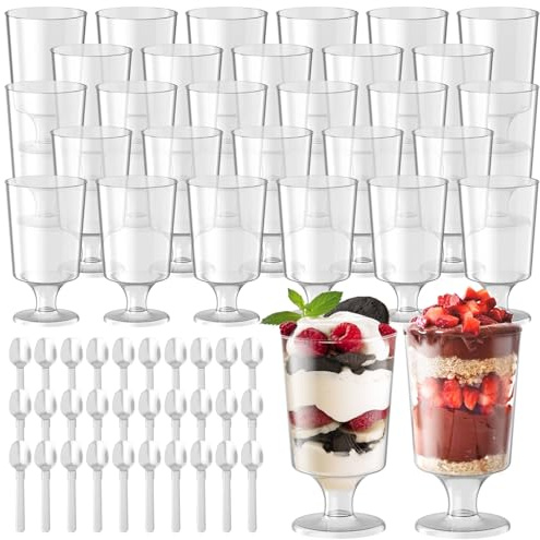 Lot de 30 verres à dessert en plastique avec cuillères - 120 ml - Rondes - Transparent - Réutilisables - Pour mariage, fête