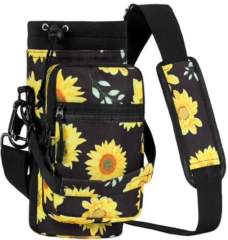 Nuovoware Water Bottle Carrier, 1000ml Bottle Carrier Sports Water Bottle Holder with Adjustable Shoulder Strap, 2 Pockets Flask Sling Bag Drawstring Pouch for Climbing Hiking, Black with Sunflower