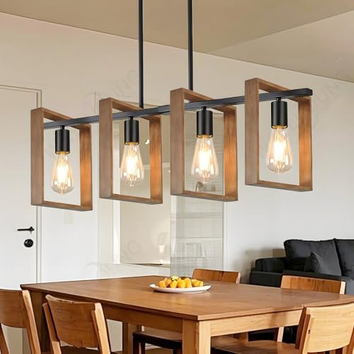 Iluminación De Isla De Cocina Negra, Lámpara De Comedor De 4 Luces De L80cm, De Altura Ajustable, Lámpara De Araña Con Marco De Madera, Cocina, Luces De Mesa De Billar, E27 (Bombillas No Incluidas)