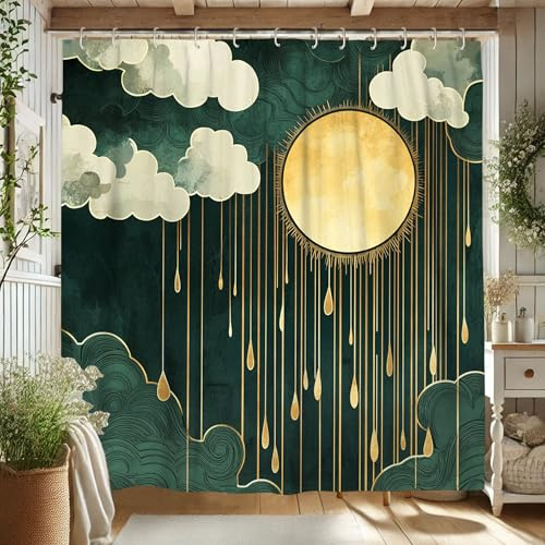 Sonnen- und Wolken-Duschvorhang, Gold- und Grüner Wasserfarben-Duschvorhang, Badezimmer-Dekoration, moderner künstlerischer Stil, für Frühling und Sommer, wasserfester Stoff, Duschvorhang-Set mit