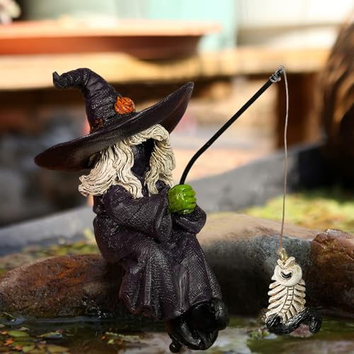 Halloween Deko Miniteich Geister Deko Garten Teich Dekofigur Angeln Geist Gartenfiguren Wetterfest Teichdeko Statue Gartendeko Ornament Für Gartenteich Balkon Miniteich, Geschenke für Angler (Hexe B)