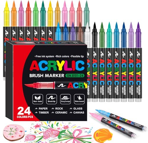 Gunsamg 24 Farben Acrylstifte Wasserfest, 1–5 mm Pinselspitze Acrylmarker für Steine, Glas, Holz, Keramik & Leinwand