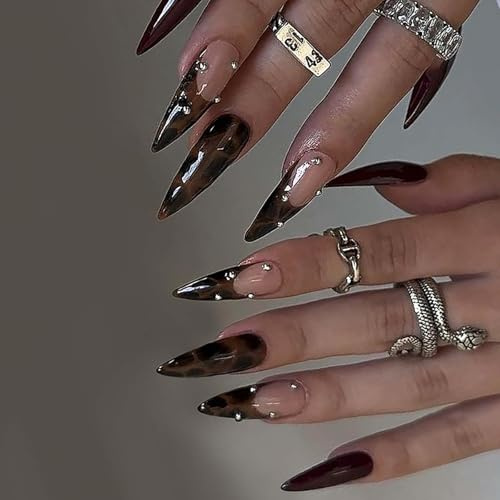 24PCS Long Stiletto Press On Nails, Nude Leopard Print with Silver Beads | Glossy gradient design, reusable nail tips for women, for parties, evening events and special occasions