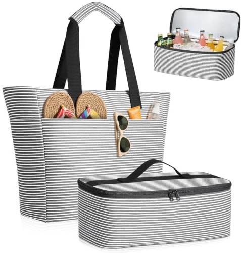 ISEYOU Strandtasche XXL Familie mit Kühltasche, Groß Strandtasche mit Reißverschluss Wasserdicht Sanddicht, Handtasche Damen 49L, Faltbar Badetasche für Reisen Fitnessstudio Picknick