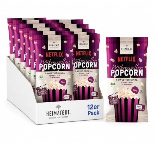 HEIMATGUT® Bio Mikrowellen Popcorn Süß | Kino-Feeling in 3 Minuten | Mit Bio-Mais, Bio-Rohrzucker & Sheabutter | 100% Bio & vegan | Glutenfrei | 12 × 90 g