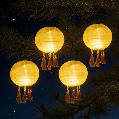 GAOUTO 4er Set Solar Lampions Außen Wetterfest: 20cm LED Laterne Wasserdicht, Hängende Solar Gartenlaterne, Lichterkette Lampion für Garten Terrasse Hof Dekoration (Gelb)