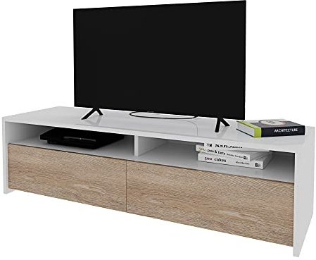 Bricozone Mobile Porta TV Moderno 130 Cm Bianco E Rovere Con 2 Vani A Giorno E 2 Ante A Ribalta Per Soggiorno Salotto Camera Da Letto
