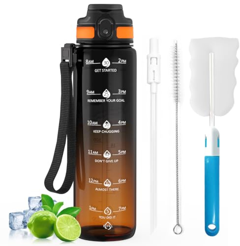 Gylinm Trinkflasche 1L – aus BPA-freiem Tritan, Sport Trinkflasche mit Abnehmbarem Strohhalm, Auslaufsichere Wasserflasche mit Zeitmarkierung, für Fahrrad, Gym, Outdoor, Schule, (Schwarz/Orange)