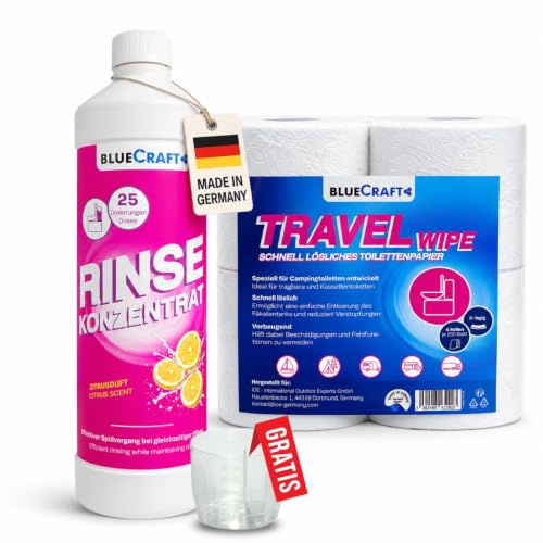 Bluecraft Rinse Sanitärflüssigkeit für Campingtoilette 1L + Toilettenpapier | Spülwasserzusatz mit Klopapier schnelllöslich, Toilettenchemie, Sanitärkonzentrat für Chemietoilette Spültank mit Zitrusduft