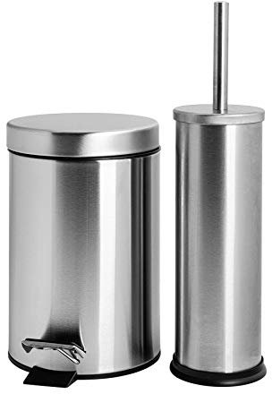 Harbour Housewares 3L Bathroom Bin & Brush Set - Brushed - 2pc Round Stainless Steel Pedal Bin & Toilet Brush Set Slim Small Trashcan for Kitchen Waste, Bathroom Rubbish