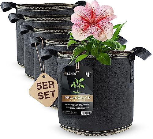 lohag® Premium Vliesstoff-Pflanzsack - 4 Liter, 5er Pack | Perfekt für Kräuter, Blumen, Gemüse & Zimmerpflanzen | Robuste, Wiederverwendbare Pflanzbeutel - Die Gesunde Alternative zum Blumentopf