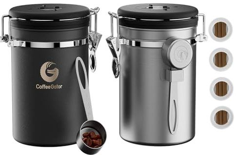 Coffee Gator Kaffeedose Edelstahl, Luftdicht Vorratsdose mit Deckel, Datum Tracker, CO2-Freigabeventil, Messlöffel, für Kaffeebohnen, Kaffeepulver, Nüsse, Tee, Zucker, Mehl