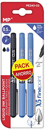 MP - Bolígrafos Punta Fina de Aguja Premium, Tinta Líquida, Perfectos para Trabajos que Requieran Precisión, Firmar, Escribir o Incluso Dibujar. Paquete de 3 Unidades - 2 Azules y 1 Negro