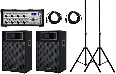 Pronomic PM83-112 StagePower PA Set (PA-Set mit einem kompakten 8-Kanal-Powermischer mit MP3-Player, 2X 2-Wege Lautsprecher mit je 12 & 300W, 2X passenden Stativen aus Stahl & 2X Boxenkabel)
