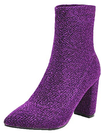 MISSUIT Damen Spitze Ankle Boots Blockabsatz High Heels Stiefel Stretch Stiefeletten Ohne Verschluss Schuhe(Lila,38)