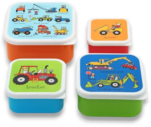 Tyrrell Katz Kids Snack Boxes with Trucks Print - Children's 4 Piece Set - Freezer Safe Square Food Storage Containers