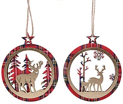 Christbaumschmuck Holz Kugeln mit Hirsch 9cm x 1 Stück sortiert Schottenkaro Waldtiere gold rot