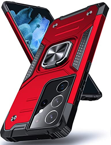 DASFOND Armor Hülle für Samsung Galaxy S21 Ultra 5G Case Militär Stoßfest Handyhülle [Upgrade 2.0] 360 Grad Metal Ring Halter Ständer Schutzhülle [für Handyhalterung Auto Magnet], 6,8 Zoll, Rot