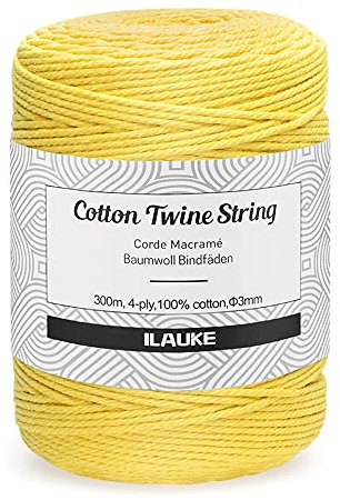 3 mm x 300m Natürliche Baumwollgarn Macrame Cord Recycelbar für Makramee Wandbehang,Wandteppichen,Blumenampel,Macrame Garn für DIY Handwerk Stricken Pflanze Aufhänger Boho Deko(Zitronengelb)