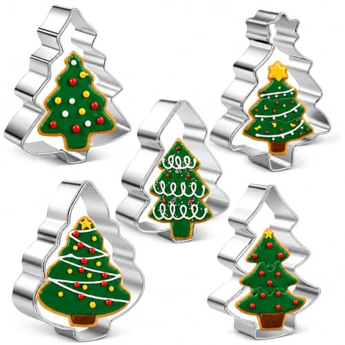 PTaizjjz Christmas Tree Cookie Cutters 5 Pieces Stainless Steel Christmas Cookie Cutter Set Pastry Biscuit Fondant Cutter for Christmas