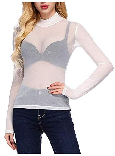 Crop Top Sexy de Mujer Camiseta Transparente de Manga Larga Top Blusa Ajustada de Cuello Alto Bodycon Slim Fit Clubwear T Shirt para Casual Noche Fiesta Bar Discoteca (Blanco, XL)