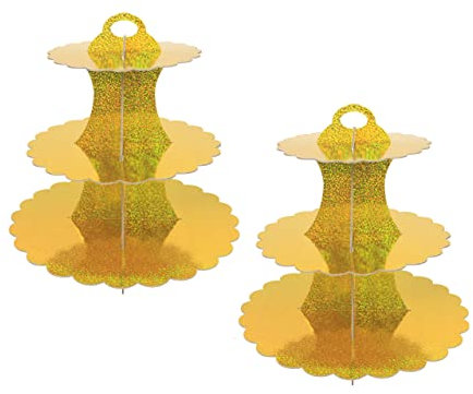 YKKJ 2 PCS Alzata Torta,3 Livelli Alzata Cupcake in Cartone,Adatto per La Festa di Matrimonio, Compleanno, Baby Shower, Torta, Torta da Dessert(Oro).