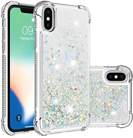 IMEIKONST Glitzer Hülle Kompatibel mit iPhone XS, Handyhülle Flüssig Mädchen Treibsand Schuzhülle Glitzer klar Stoßfest TPU Bumper Silikon Case für iPhone X/XS. Love Silver YBW