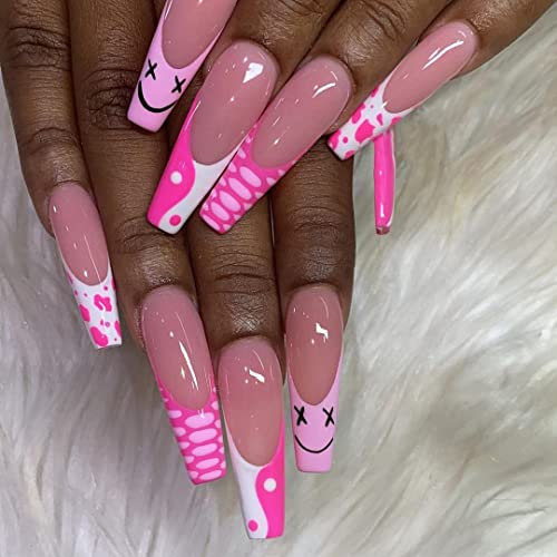 Neckon 24 Stück Sarg Press on Nail Pink Long Fake Nail Glossy Taichi Smile Acrylnägel Smile Ballerina Falsche Nagel für Damen und Mädchen