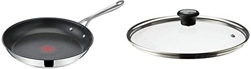 Tefal Jamie Oliver Cook's Direct Stainless Steel Frying Pan, 28 cm, Non-Stick Coating, Heat Indicator, Riveted Safe-Grip Handle & 28097712 Compatible Glass Lid, Steam Vent, 28 cm