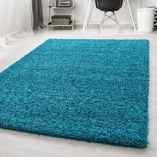 Carpetsale24 Wohnzimmer Teppich Shaggy Flokati Einfarbig 160 x 230 cm Türkis - Hochflor Schlafzimmer Pflegeleicht Super Weich - Flauschiger Langflor 50 mm Florhöhe Rechteckig